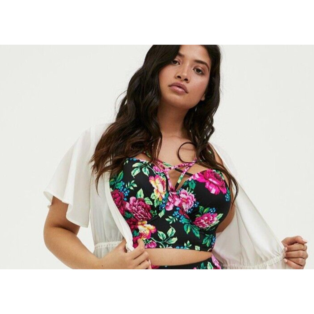Torrid Underwire Strappy Front Bikini Top Swim Black Pink Floral Size 1 D/DD 1X - Picture 11 of 11